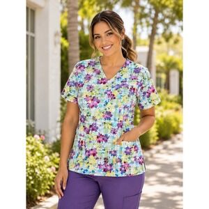 Flex Stretch Floral Mock Wrap Scrub Top Violet Plaid Medical Uniform Med NEW